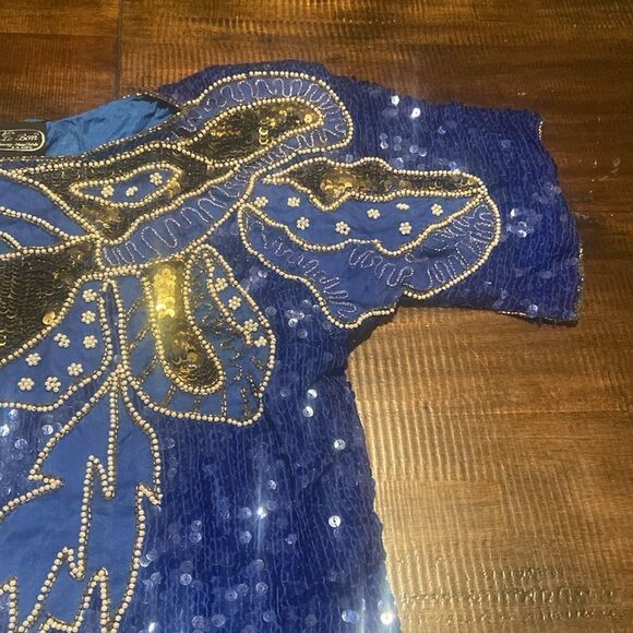 Vintage 80s Jean for Joseph Le Bon Sequin Silk Formal Top Royal Blue & Gold XL - Picture 3 of 11